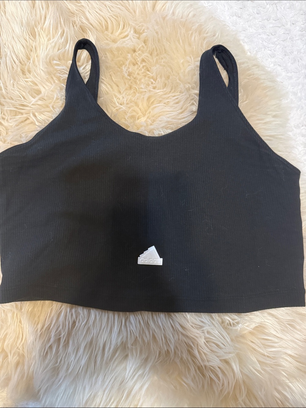 adidas Black Ribbed Crop Tank with White Logo